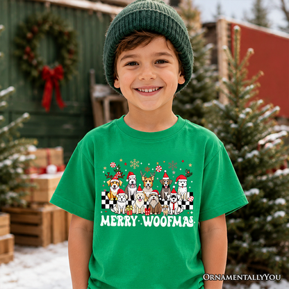 Kids Merry Woofmas Dog T-Shirt, Dogs With Santa Hats Christmas Youth Tee
