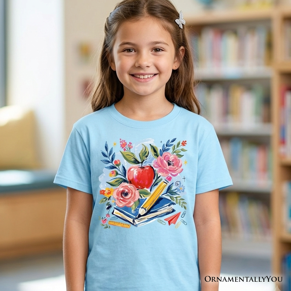 Kids Boho Floral Student T-Shirt, Watercolor Back to School Tee for Youth