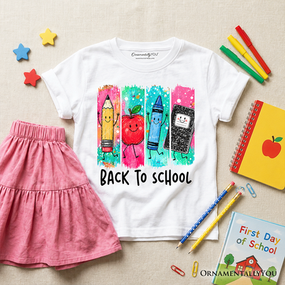 Kids Brushstroke Back to School T-Shirt, Apple Pencil Notebook Youth Tee for Student