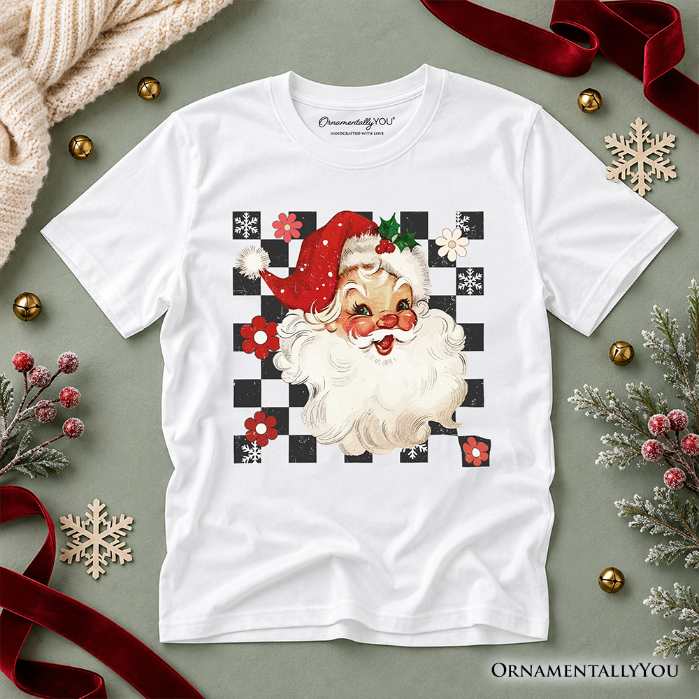 Kids Checkered Santa Claus Vintage T-Shirt, Retro Merry Christmas Youth Tee