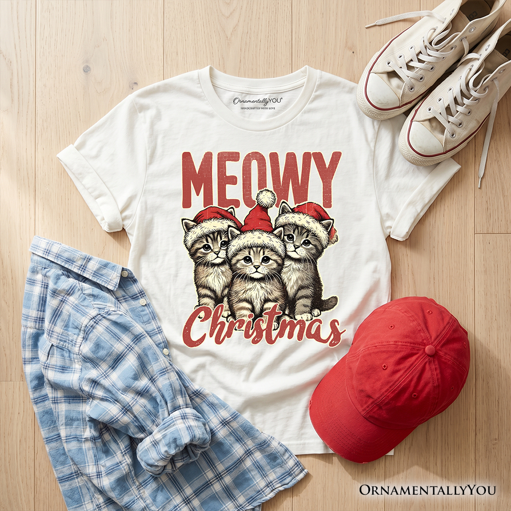 Kids Cute Meowy Christmas T-Shirt, Baby Cat In Santa Hat Holiday Youth Tee