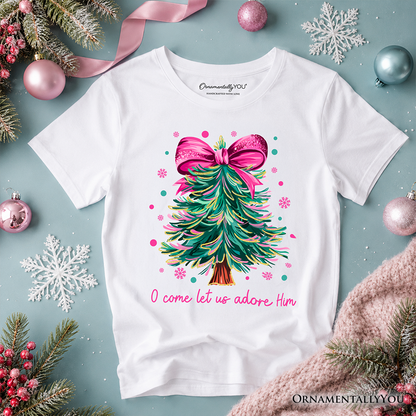 Kids Glitter Christmas Tree Coquette Bow T-Shirt, O Come Let Us Adore Him Holiday Youth Tee