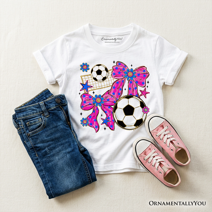 Kids Soccer Coquette Pink Bow T-Shirt, Preppy Game Day Tee for Youth Girls