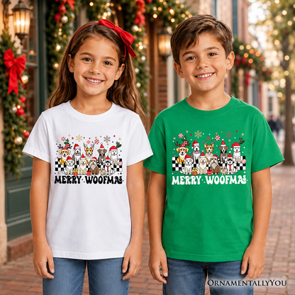 Kids Merry Woofmas Dog T-Shirt, Dogs With Santa Hats Christmas Youth Tee