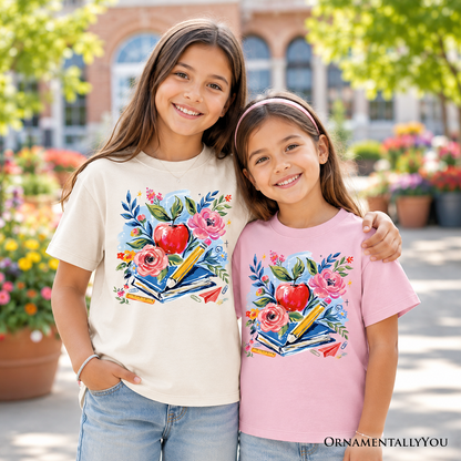 Kids Boho Floral Student T-Shirt, Watercolor Back to School Tee for Youth