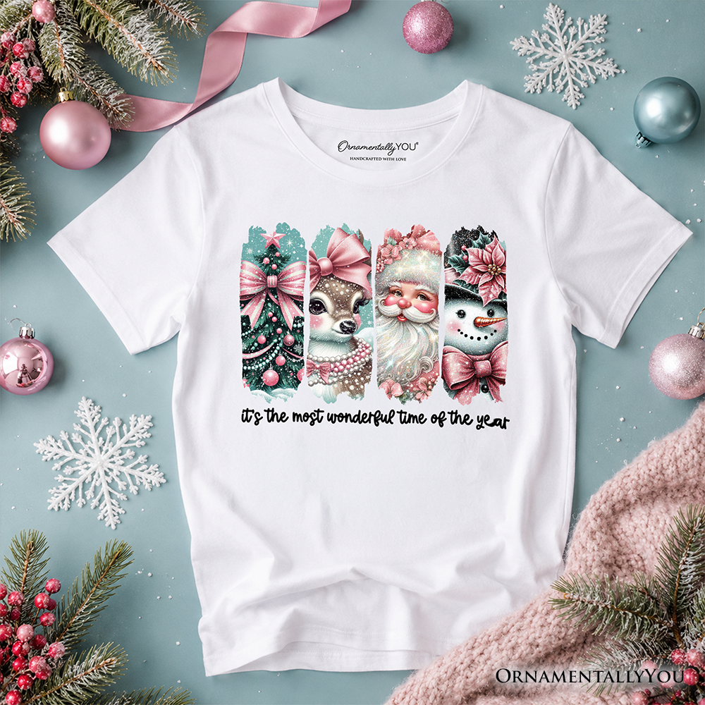 Kids Coquette Pink Christmas T-Shirt, It's The Most Wonderful Time Of The Year Vintage Tree, Reindeer, Santa and Snowman Youth Tee