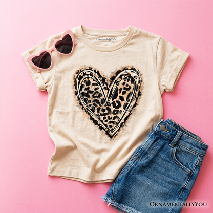 Kids Leopard Heart Valentine T-Shirt, Watercolor Love Tee for Youth