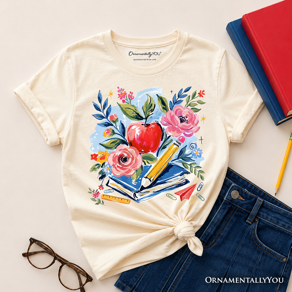 Kids Boho Floral Student T-Shirt, Watercolor Back to School Tee for Youth