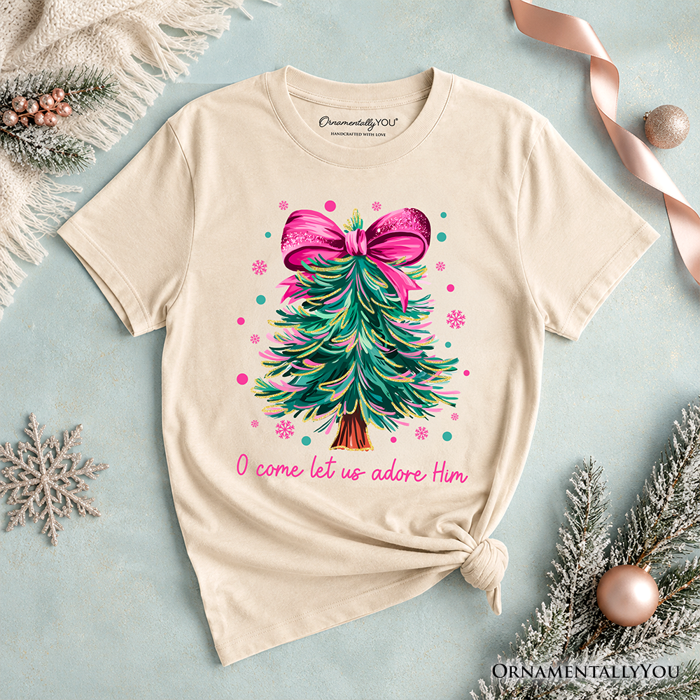Kids Glitter Christmas Tree Coquette Bow T-Shirt, O Come Let Us Adore Him Holiday Youth Tee