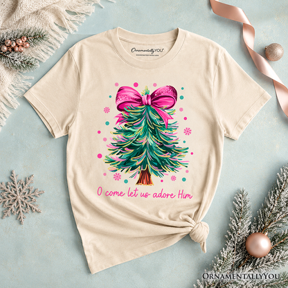 Kids Glitter Christmas Tree Coquette Bow T-Shirt, O Come Let Us Adore Him Holiday Youth Tee