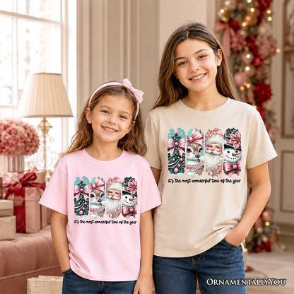Kids Coquette Pink Christmas T-Shirt, It's The Most Wonderful Time Of The Year Vintage Tree, Reindeer, Santa and Snowman Youth Tee