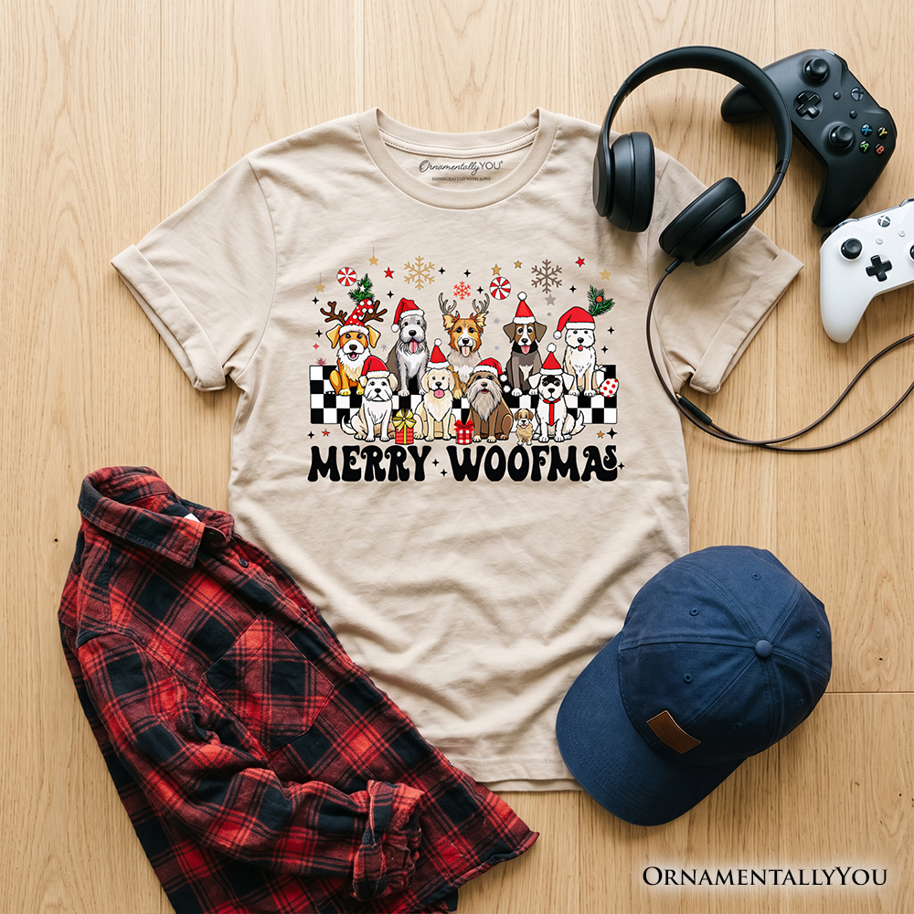 Kids Merry Woofmas Dog T-Shirt, Dogs With Santa Hats Christmas Youth Tee