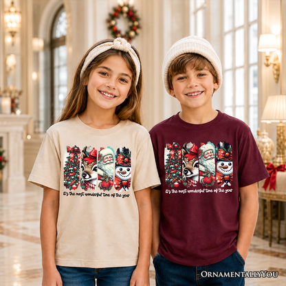 Kids It's Most Wonderful Time Of The Year T-Shirt, Reindeer, Santa, Snowman Vintage Youth Tee for Christmas