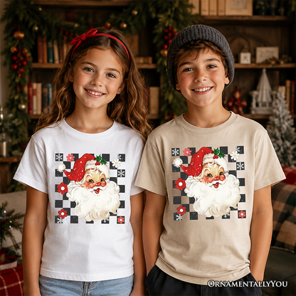 Kids Checkered Santa Claus Vintage T-Shirt, Retro Merry Christmas Youth Tee
