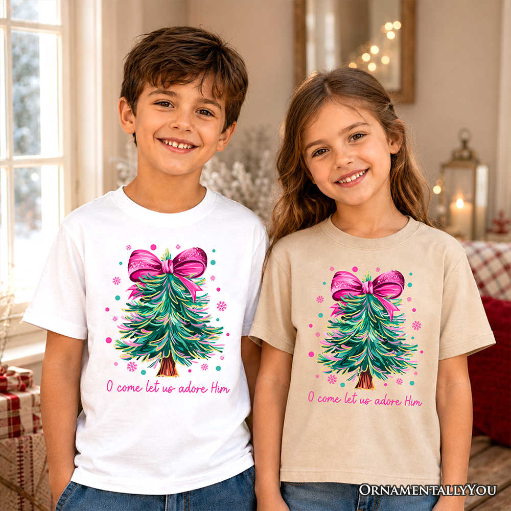 Kids Glitter Christmas Tree Coquette Bow T-Shirt, O Come Let Us Adore Him Holiday Youth Tee