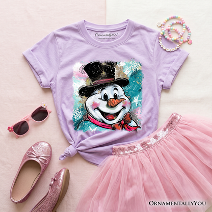 Kids Brushstroke Cute Snowman T-Shirt, Preppy Youth Merry Christmas Glitter Holiday Tee