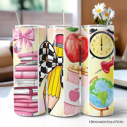 Coquette Pink Teacher 20oz Personalized Tumbler With Lid and Stainless Steel Straw, Retro School Brushstrokes Gift Cup