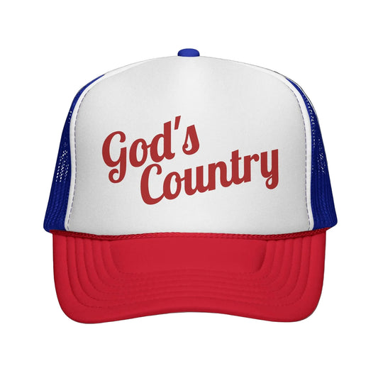 Trucker hat with 'God's Country' text on a white background