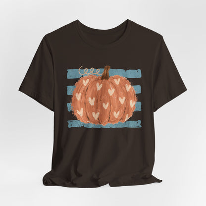 Pumpkin Heart Tee — Rustic Striped Autumn Pumpkin T‑Shirt