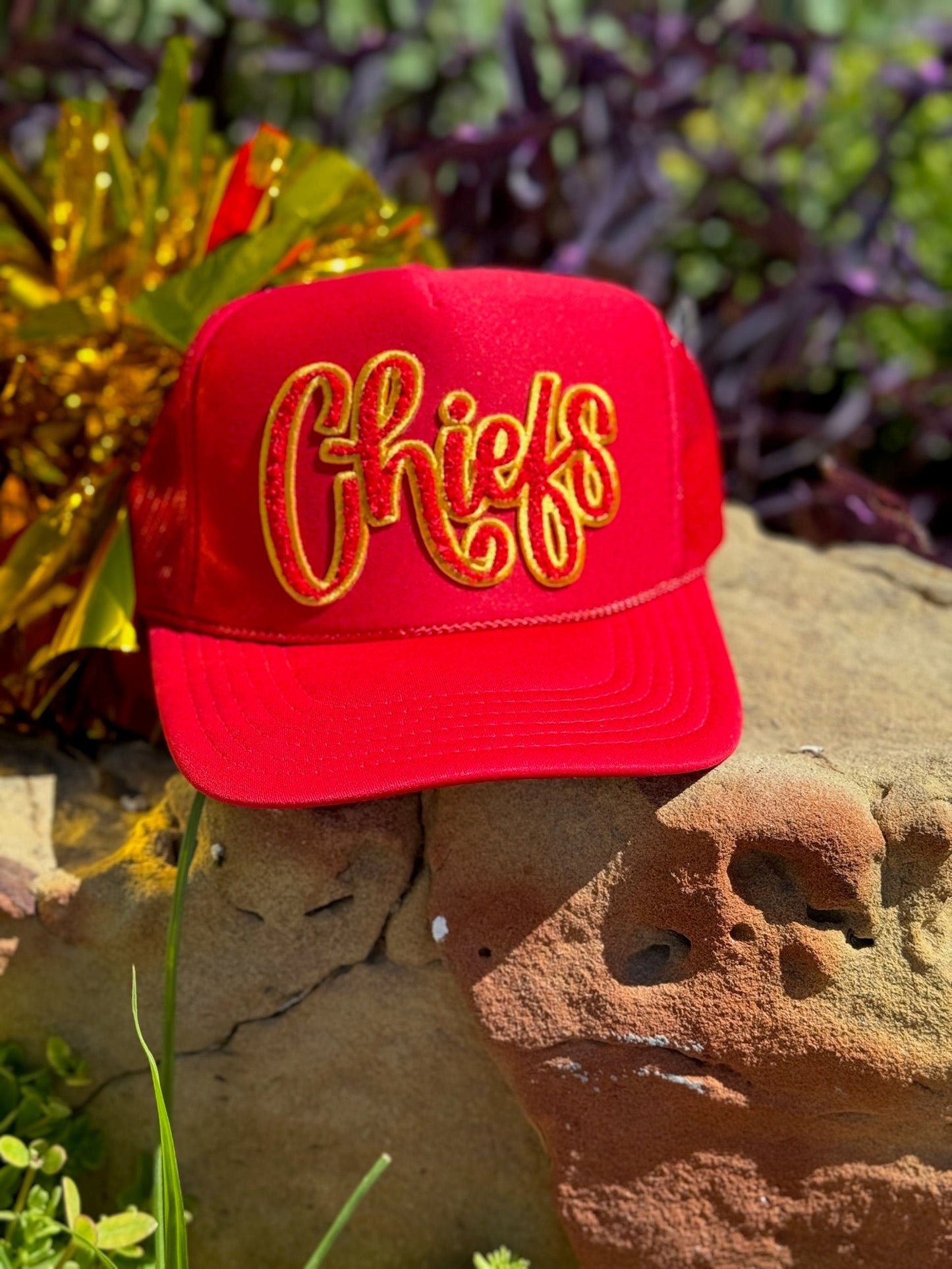 Red & Gold Chiefs Chenille Patch Trucker Cap by Randi Mahomes