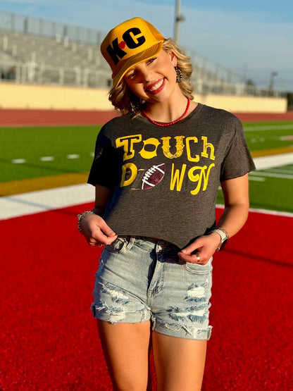 Gold Touchdown with Red Sequin Football by Randi Mahomes