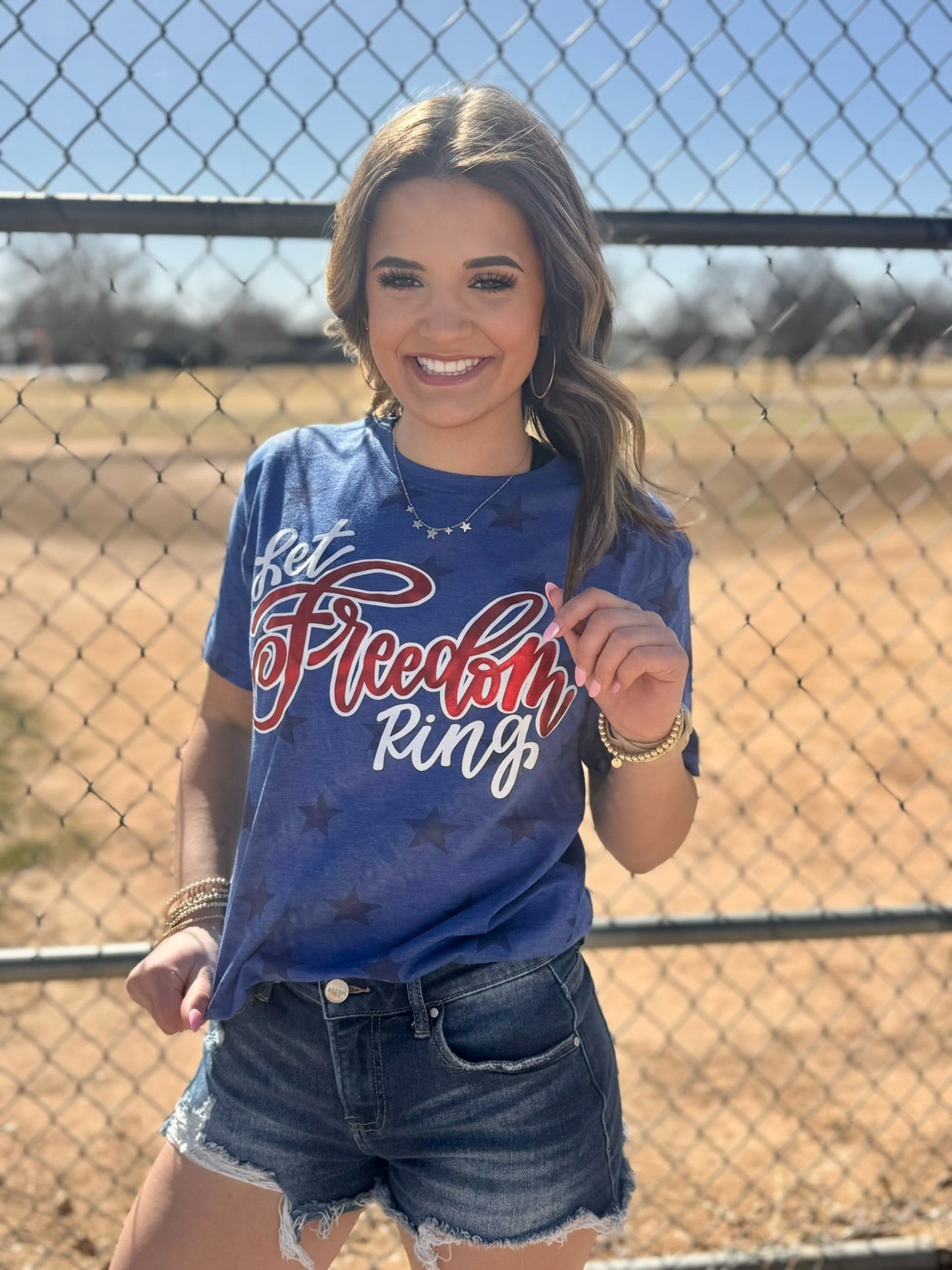 Let Freedom Ring with Red Metallic Puff Blue Star Tee
