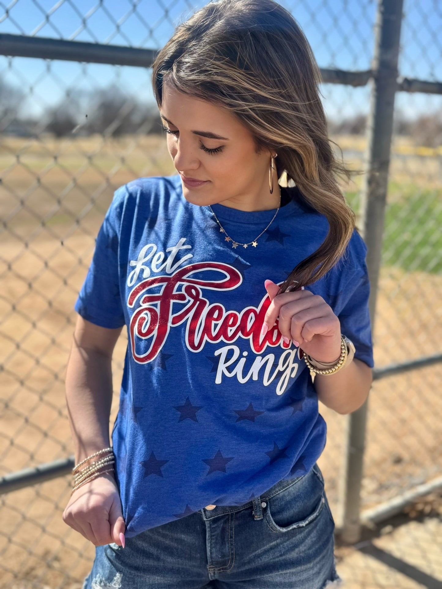 Let Freedom Ring with Red Metallic Puff Blue Star Tee