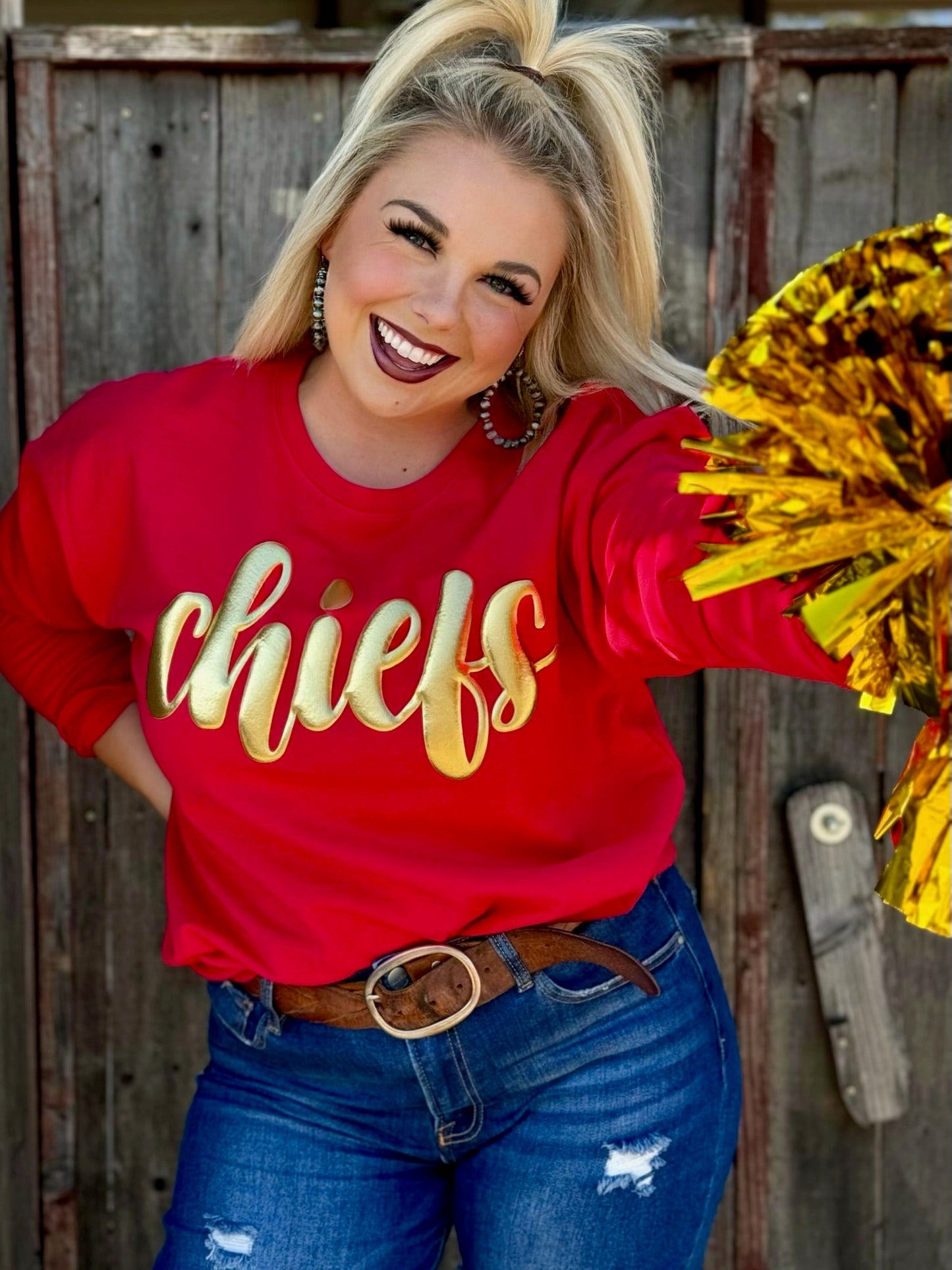 Chiefs in Metallic Gold Red Sweatshirt by Randi Mahomes