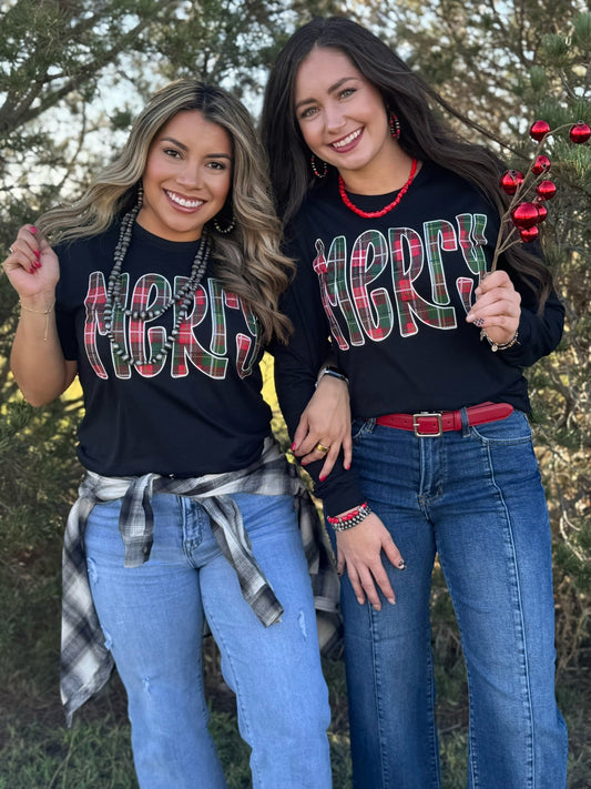 Merry in Red & Green Plaid Tee