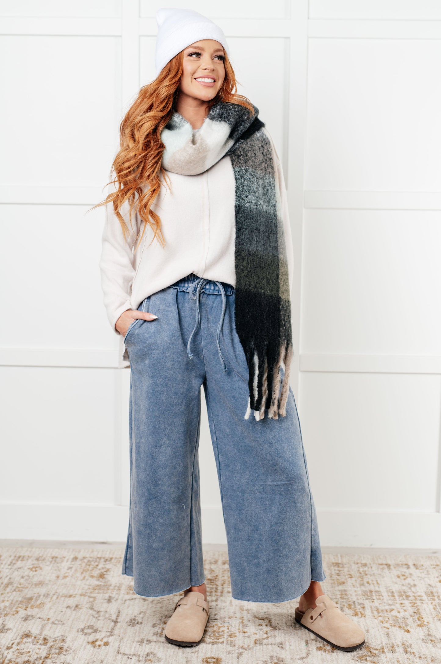 Wanderlust Wrap Oversized Plaid Fringe Scarf in Grey and Jade