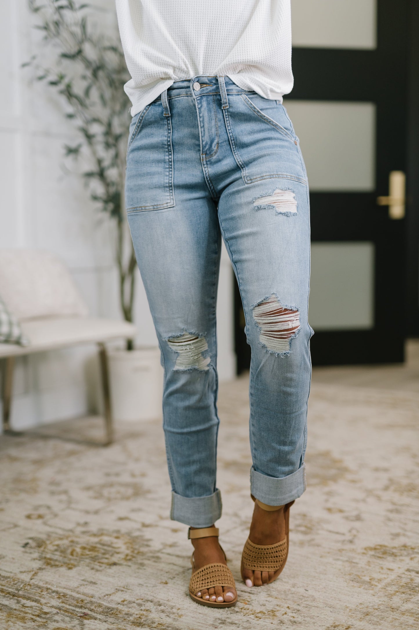 Aiden High Rise Patch Pocket Distressed Boyfriend Jeans
