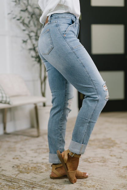 Aiden High Rise Patch Pocket Distressed Boyfriend Jeans