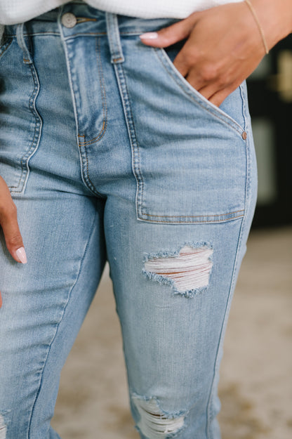 Aiden High Rise Patch Pocket Distressed Boyfriend Jeans