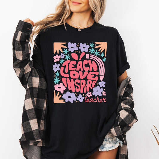 Teach Love Inspire Boho Floral Back To School First Day Of School Comfort Colors Tee