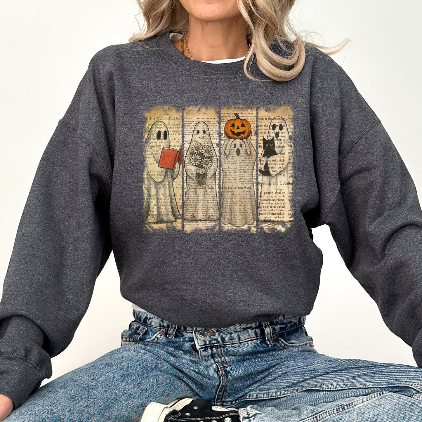 Vintage Newspaper Ghost Halloween Book Cat Western Pumpkin Retro Spooky Costume Fall Graphic Sweatshirt