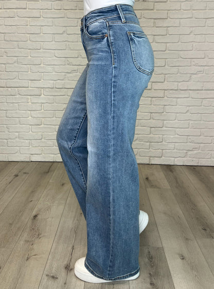 Karis Full Size High Rise Vintage Wash Retro Wide Leg