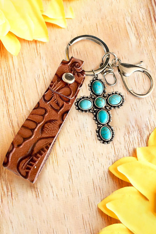 Vintage Embossed Turquoise Faux Leather Key Chain