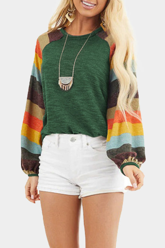 Multicolor Striped Balloon Sleeves Green Knit Top