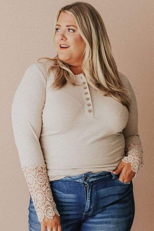 Lace Splicing Ribbed Long Sleeve Plus Size Top