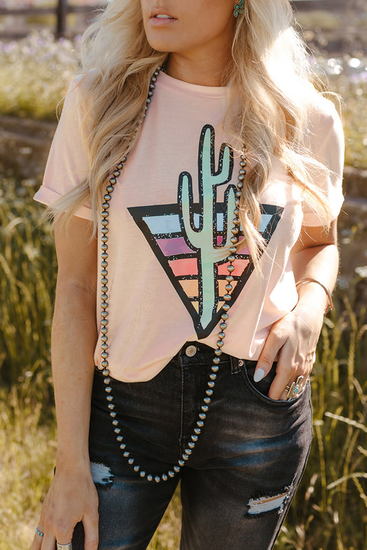 Western Cactus Color Block Graphic T-shirt - Pink