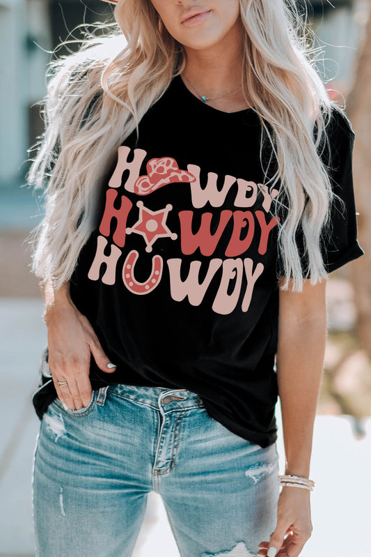 HOWDY Letter Graphic T Shirt - Black