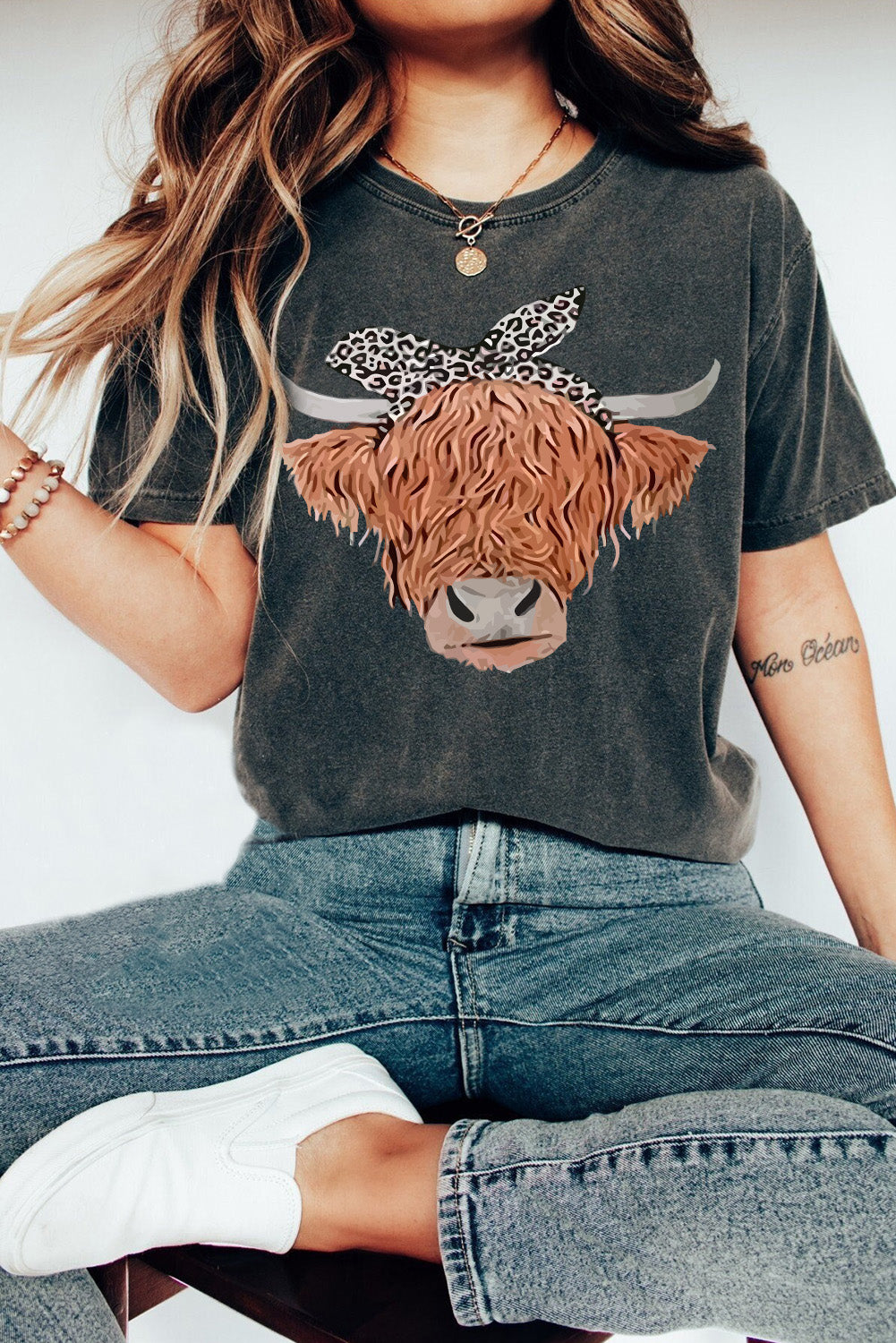 Western Highland Cow Graphic T Shirt - Mineral Black