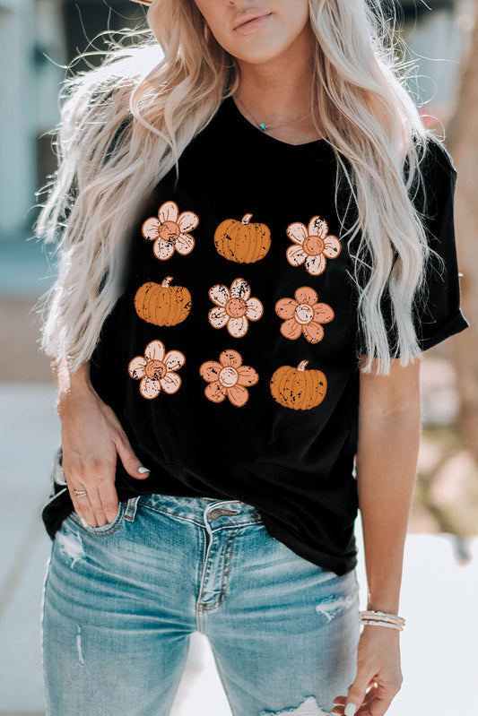 Pumpkin Flower Print Short Sleeve Graphic Top - Black
