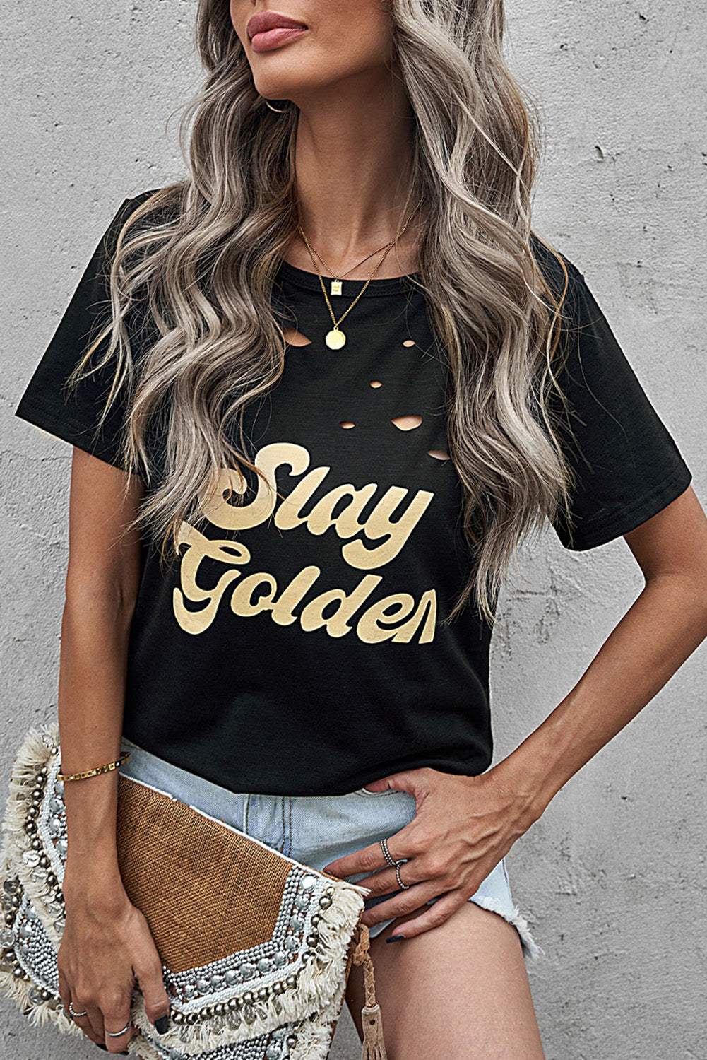 Stay Golden Distressed Crew Neck Pattern T-shirt