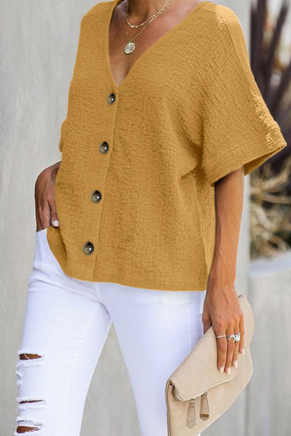 V Neck Button Front Crinkled Blouse