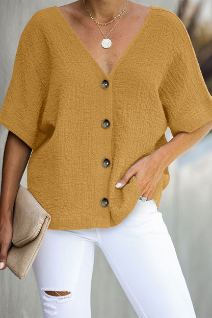 V Neck Button Front Crinkled Blouse