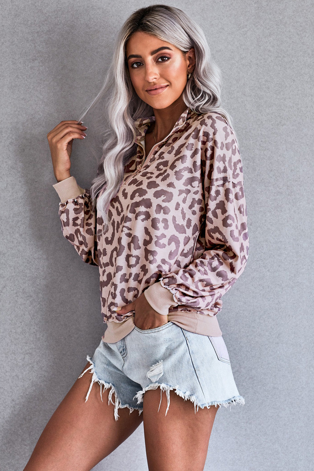 Leopard Zipped Collar Pullover