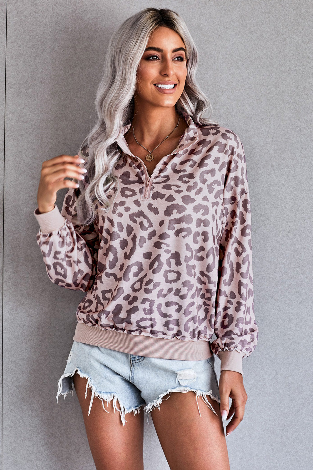 Leopard Zipped Collar Pullover