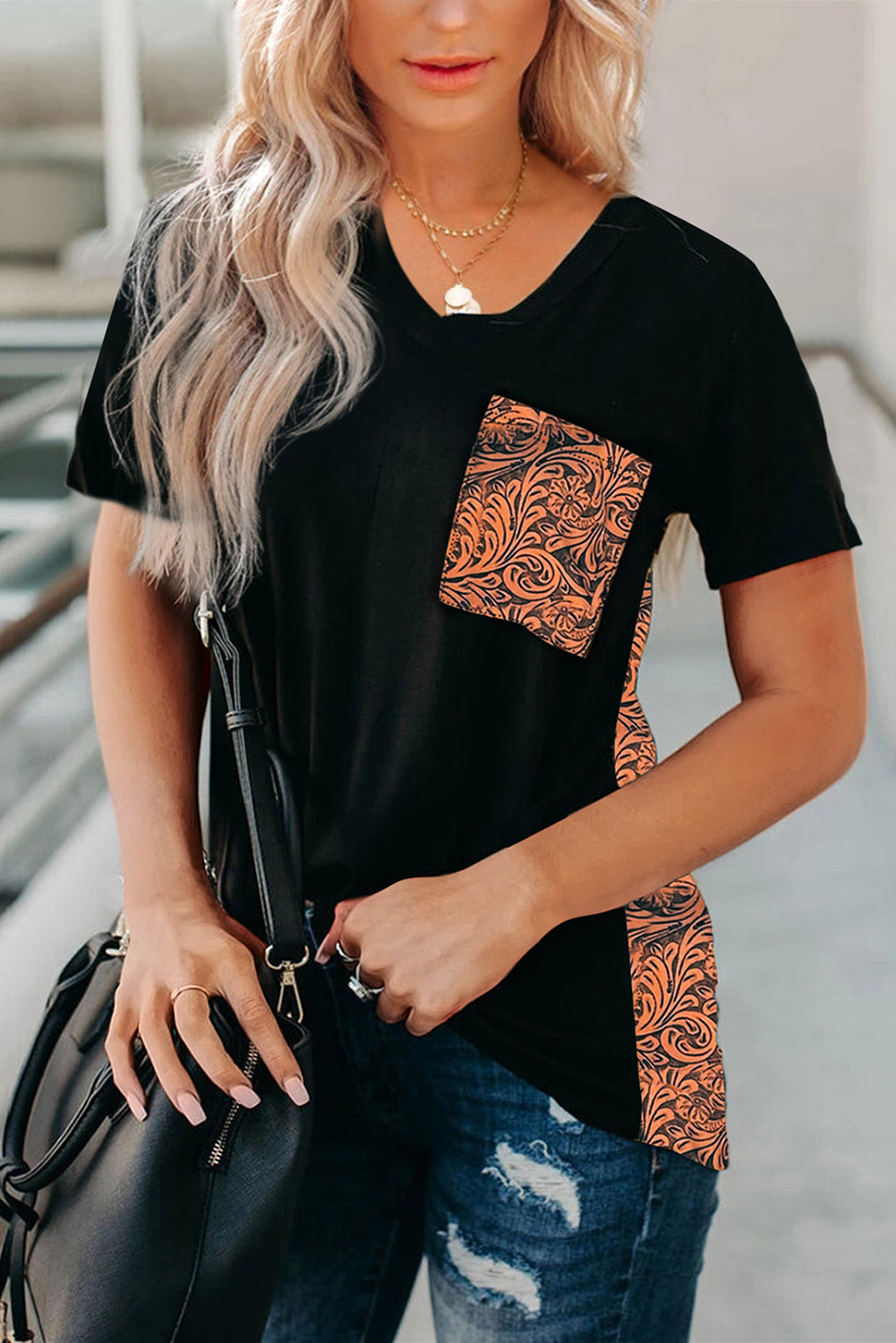 Casual Printed Splicing Pullover Pocket T-shirt