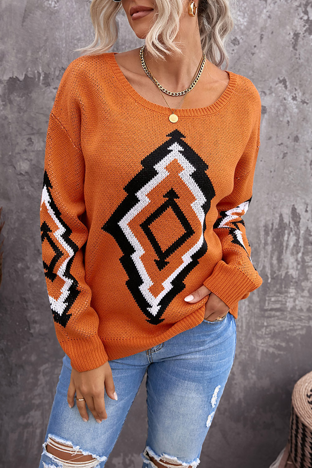 Geometric Print Long Sleeve Knitted Sweater